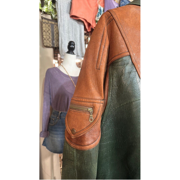 Vintage 80s Modango Brown & Green Leather Bomber Jacket w Shoulder Pads Size XL - Picture 14 of 17